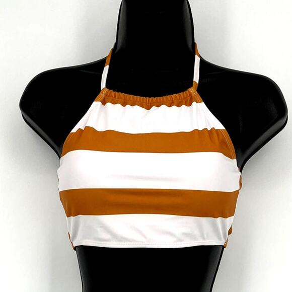 Swimsuit Dark Yellow & White Stripe Print Halter Bikini Top Only Size X-Large - Picture 3 of 6
